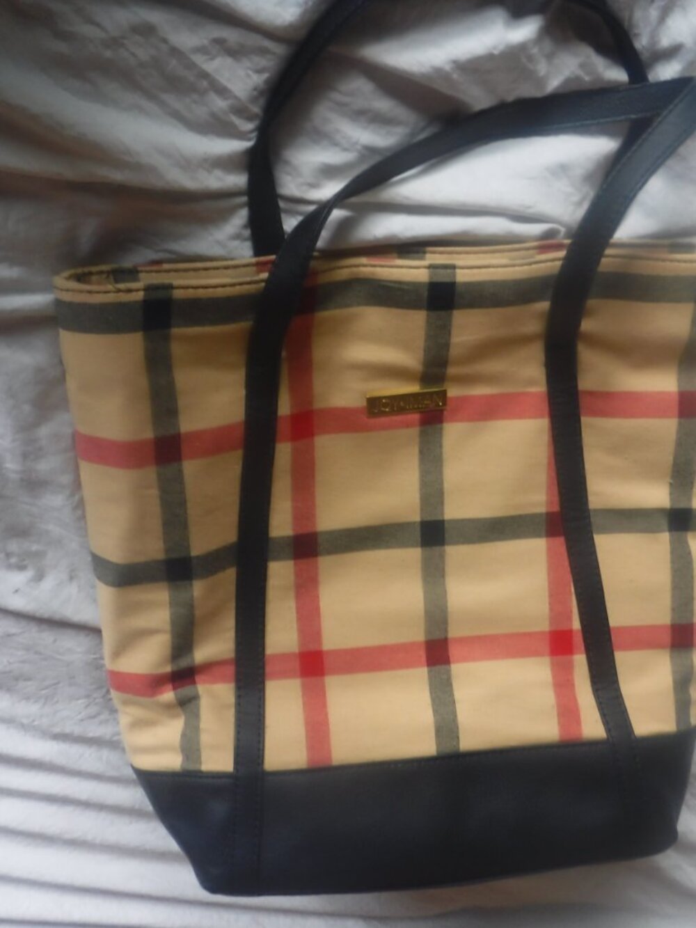 Joy & Iman Women's Tote Bag Tan Red Plaid Black Leather Cotton - Picture 3 of 11